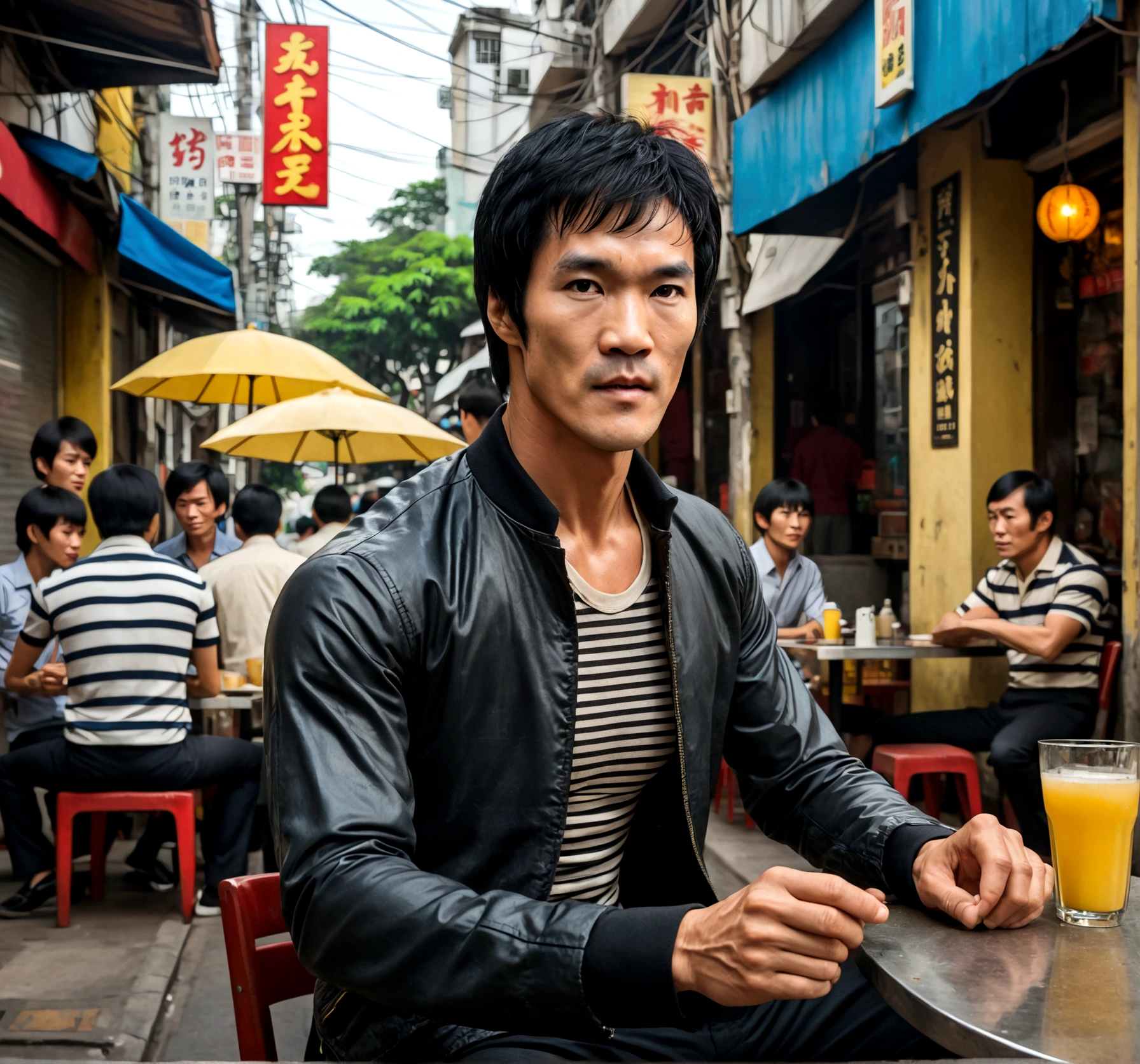 Bruce Lee in dark jacket with striped shirt underneath, Sitting at a sidewalk cafe in bustling Saigon, movie poster style, cinematic, high resolution, hyper realistic, detailed skin texture, full body shot, looking at camera, japanese background, award winning photo, Canon dslr