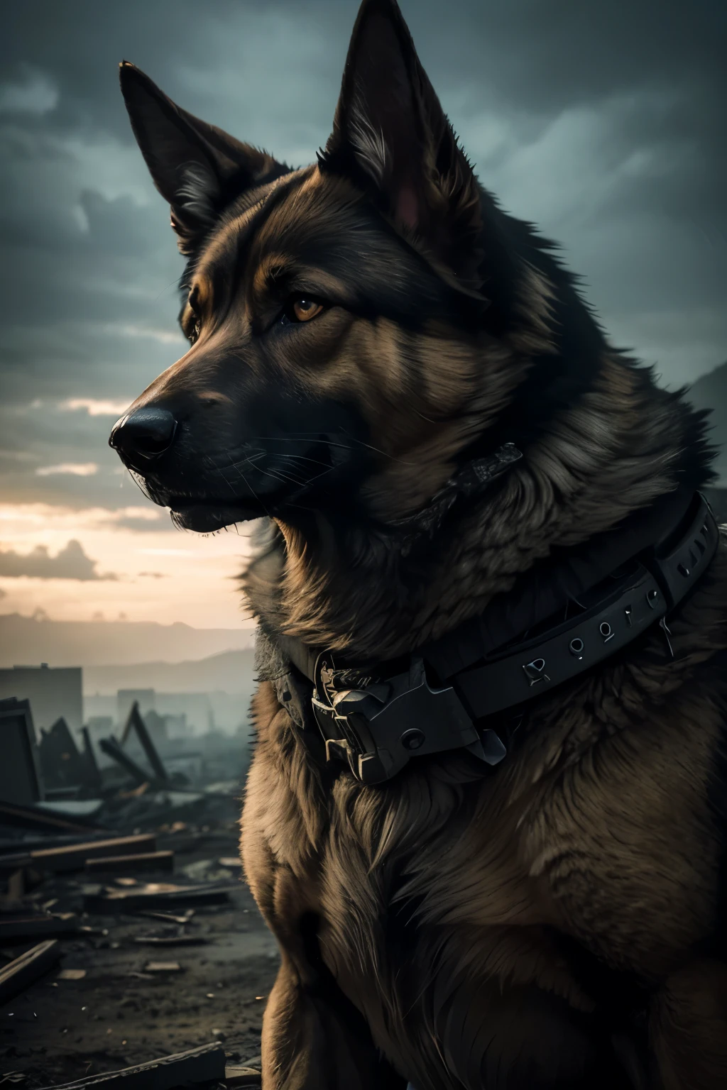 a german shepherd dog, post-apocalyptic landscape, ruined buildings, cracked ground, overcast sky, dramatic lighting, gritty atmosphere, detailed fur texture, alert expression, muscular body, (best quality,4k,8k,highres,masterpiece:1.2),ultra-detailed,(realistic,photorealistic,photo-realistic:1.37),cinematic composition,moody color palette,dramatic shadows,depth of field,professional 3d rendering