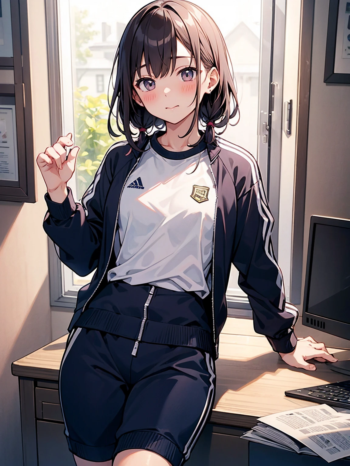 体育倉庫室で青い長袖tracksuit in schoolを脱ぐExhibitionismの女, blush, Exhibitionism