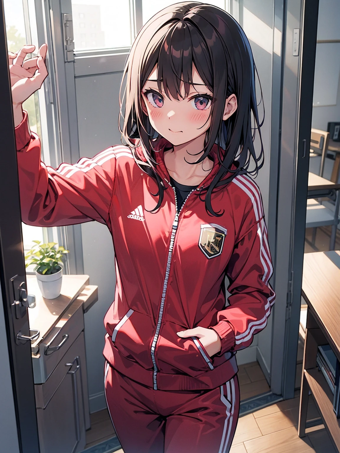 体育倉庫室で青い長袖tracksuit in schoolを脱ぐExhibitionismの女, blush, ((Exhibitionism))