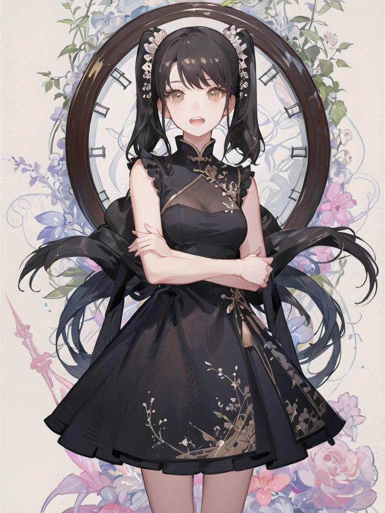 NICE,unparalleled beautiful girl,tteens detailed cute shot, pretty cool and beautiful cute face,super detailed NICE cute face, nice body, beautiful teeth, girl,whole body,(Detailed face:1.2), masterpiece, fashion,China dress,, Medium Hair, Black Hair, Twin tails, Blunt bangs, Brown eyes,