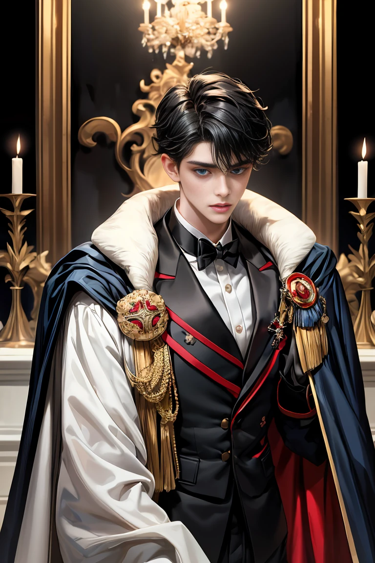 masterpiece, 最high quality, high quality, 1 boy, alone, Male focus, Watching the audience, Messy black hair, Adorable big blue eyes, White people, Noble, Noble,Sexy voluminous black and red cape、Tuxedo、A very voluminous, large, very large, very large, long, long red and black cape with a high stand-up collar, reaching down to the floor, made of a lot of fabric., 17 years old,Cute beautiful boys,Cute, cute, kind, handsome guy