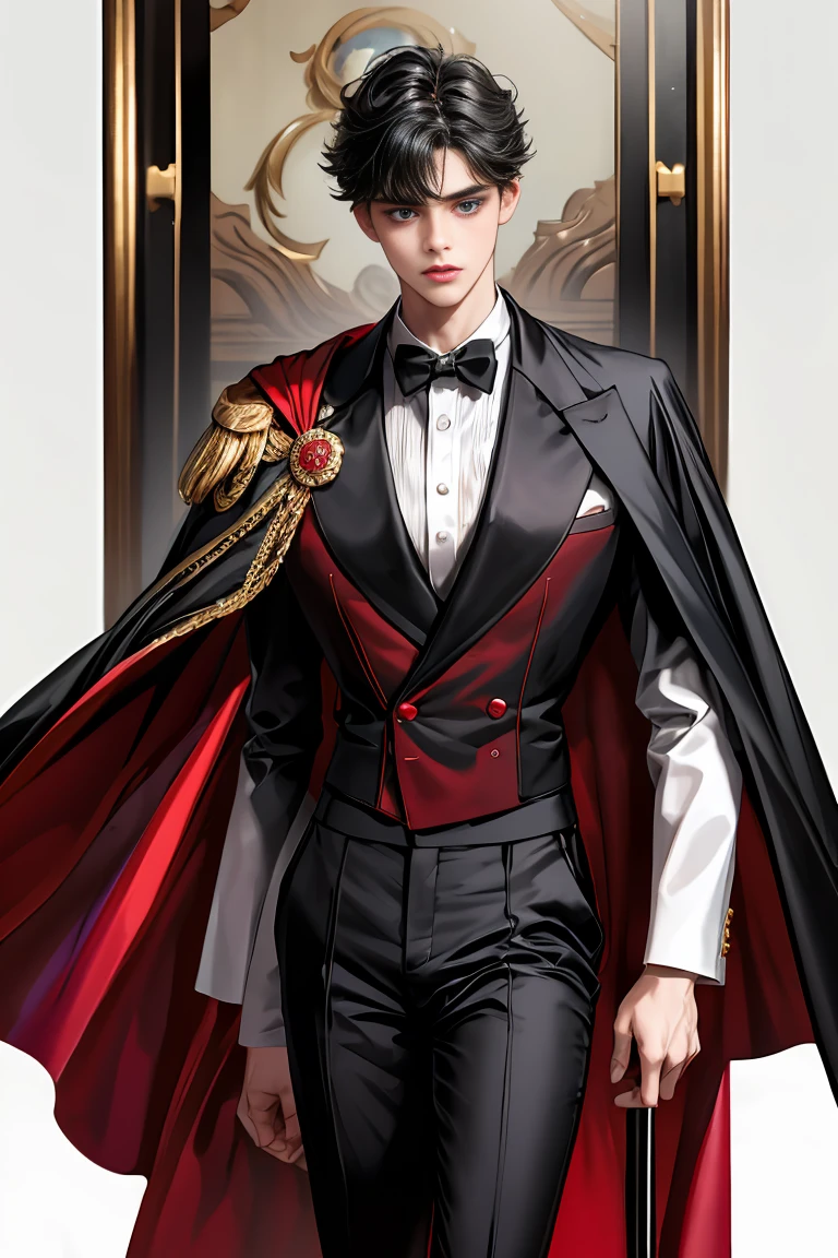 masterpiece, 最high quality, high quality, 1 boy, alone, Male focus, Watching the audience, Messy black hair, Adorable big blue eyes, White people, Noble, Noble,Sexy voluminous black and red cape、Tuxedo、A very voluminous, large, very large, very large, long, long red and black cape with a high stand-up collar, reaching down to the floor, made of a lot of fabric., 17 years old,Cute beautiful boys,Cute, cute, kind, handsome guy
