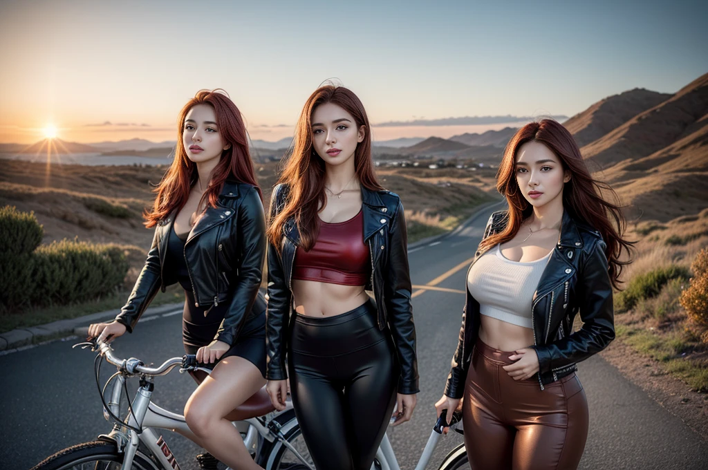 3 women riding classic bicycles，beautiful woman，long red hair，Full scene shooting，best quality，sunset，Stairway，Windy，look up to the sky，beautiful women，outdoor scene，dark red hair，Natural landscape，Fall，leather jacket，Belly button popping，leggings，Sexy long legs，（thigh gap：1.5），（Buttocks，wide hips），Highly detailed face and skin texture，delicate eyes，double eyelids,whole body，20 year old female model，octane rendering，Two-tone lighting，Large aperture，Low ISO，white balance，Drive a motorcycle，landscape