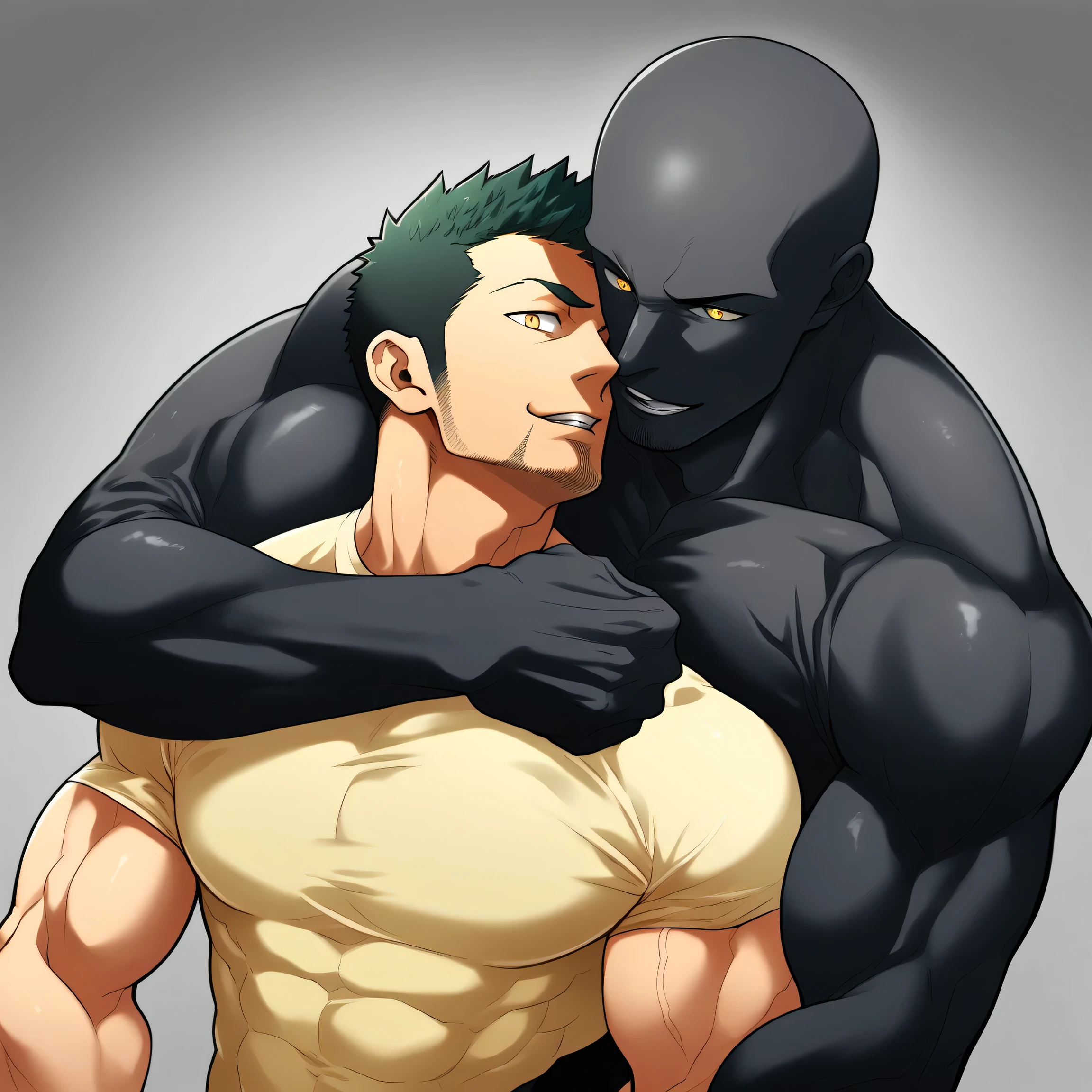 anime characters：Two superheroes in tights, Priapus and Muscle skinhead superhero, negro black skin, They hugged and kissed each other, Bite your neck, Caress, Manliness, male focus, Yellow and black high collar long sleeve tight T-shirt, Slightly transparent material, Very tight, Round, full and perky chest muscles, Muscle waist, Slightly transparent, muscular male, muscular, only, Upper body, alone, Black short hair, Thick eyebrows, stubble, Yellow eyes, Grey background, simple background, amazing quality, best aesthetics, Ridiculous, bright pupils, crew cut, parted lips, seductive smile, torogao, naughty face, drop shadow, best quality