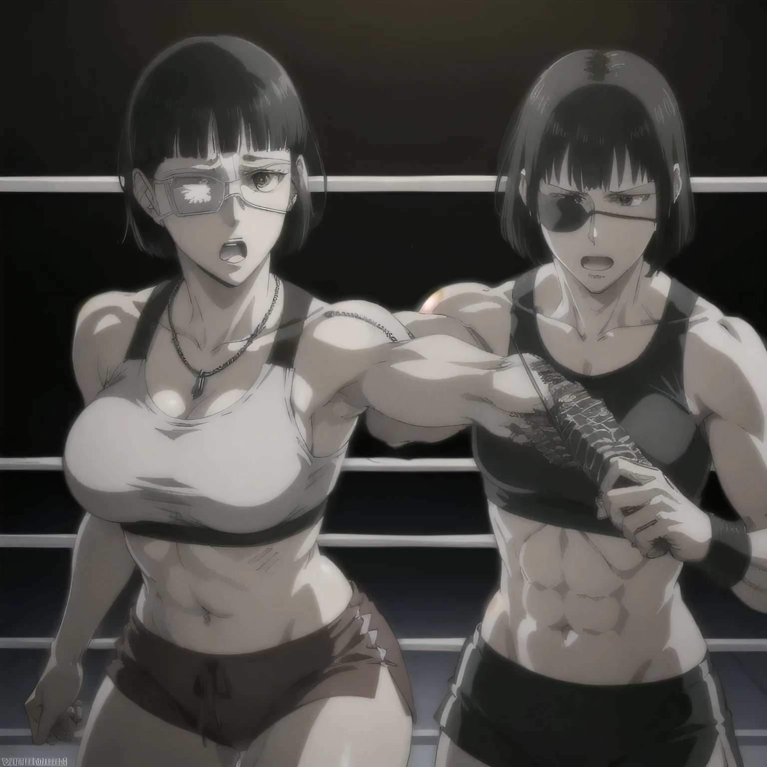 (best quality,ultra-detailed,realistic:1.37),musclaur badass girl with sculpted body have a tattoos wearing tank top and male boxing shorts, full review of the female character's face and body, intense expression, strong and confident posture, studio lighting, vivid colors, physiologically-based rendering, grungy texture, rugged background, dust particles in the air, commanding presence, professional, powerful, gritty aesthetics,Valmet،short hair,necklace,six-pack,eyepatch,boxing,handsome look,Inside a boxing ring