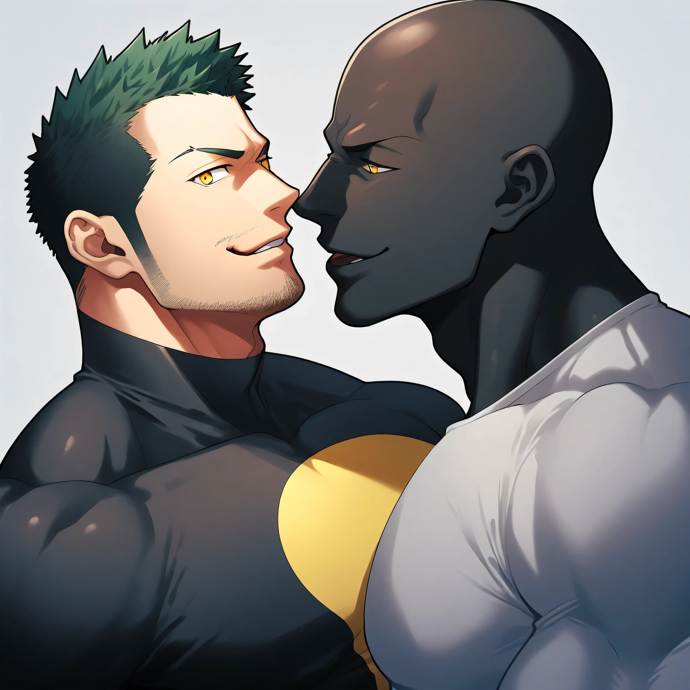 anime characters:Two superheroes in tights, Priapus and Muscle skinhead superhero, negro black skin, They hugged and kissed each other, Bite your neck, Caress, Manliness, male focus, Yellow and black high collar long sleeve tight T-shirt, Slightly transparent material, Very tight, Round, full and perky chest muscles, Muscle waist, Slightly transparent, muscular male, muscular, only, Upper body, alone, Black short hair, Thick eyebrows, stubble, Yellow eyes, Grey background, simple background, amazing quality, best aesthetics, Ridiculous, bright pupils, crew cut, parted lips, seductive smile, torogao, naughty face, drop shadow, best quality