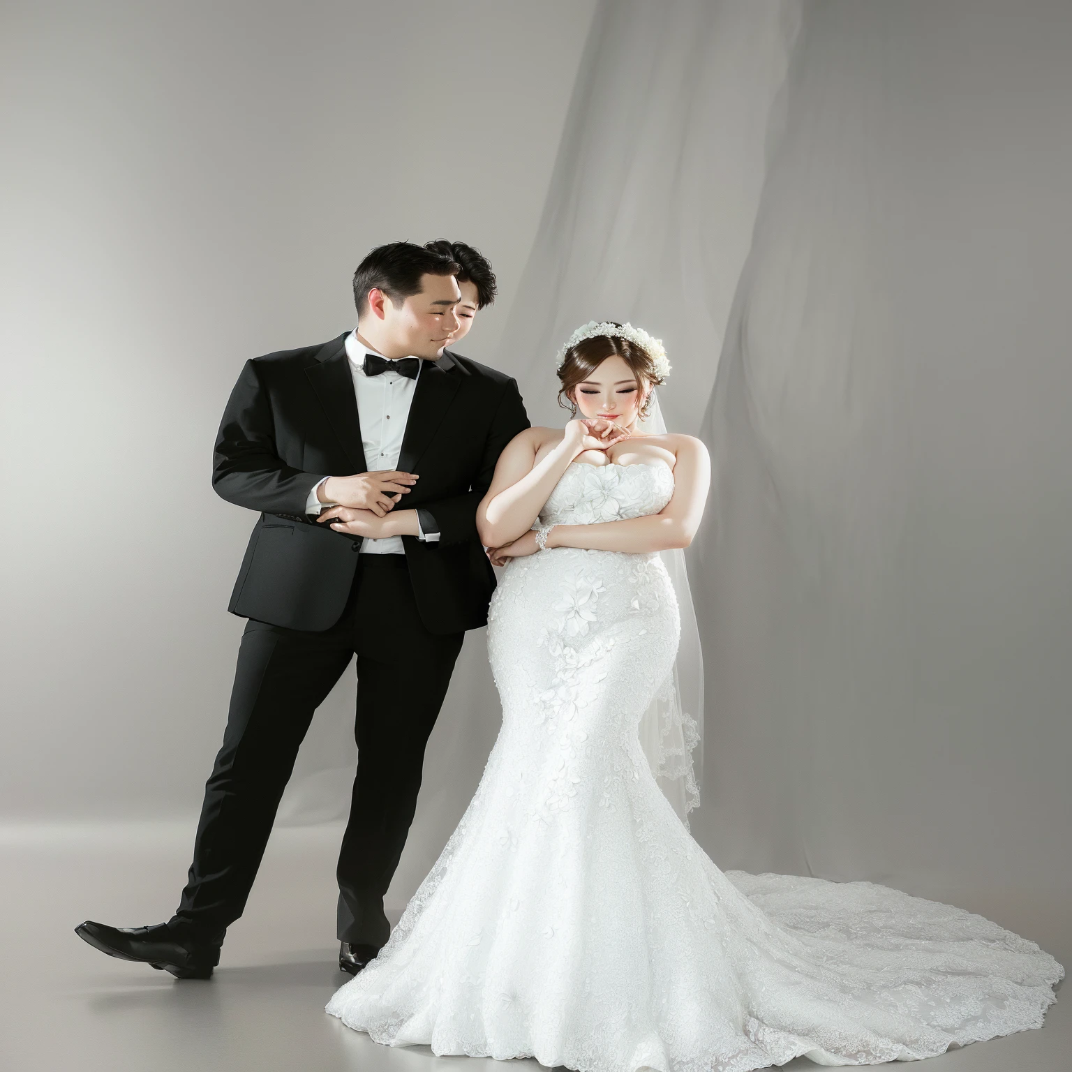 bride and groom standing next to each other in a studio, wedding photo, bride and groom, wearing a wedding dress, couple pose, an elegant couple, lovely couple, wedding, shot with canon eoa 6 d mark ii, happy couple, japan, marriage, couple, wearing long gown, photo taken with nikon d750