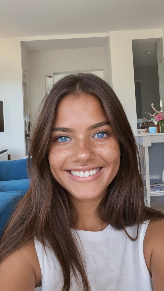 Self photo of a charming young woman, long shiny brown-brown hair, full round face, blue eyes, medium skin tone, light, charming freckles, smiling gently, wearing a red casul set, stading on living room , face up shot, popular on Instagram, Pinterest