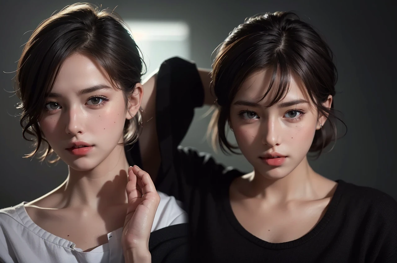 Best quality, masterpiece, ultra high res, (photorealistic:1.5), raw photo, 1girl, offshoulder, in the dark, deep shadow, low key, cold light, sexy look, short hair
