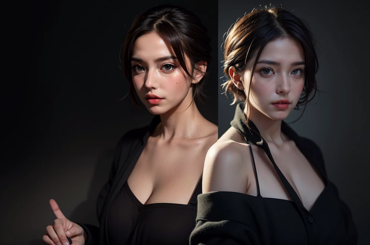 Best quality, masterpiece, ultra high res, (photorealistic:1.5), raw photo, 1girl, offshoulder, in the dark, deep shadow, low key, cold light, sexy look, short hair