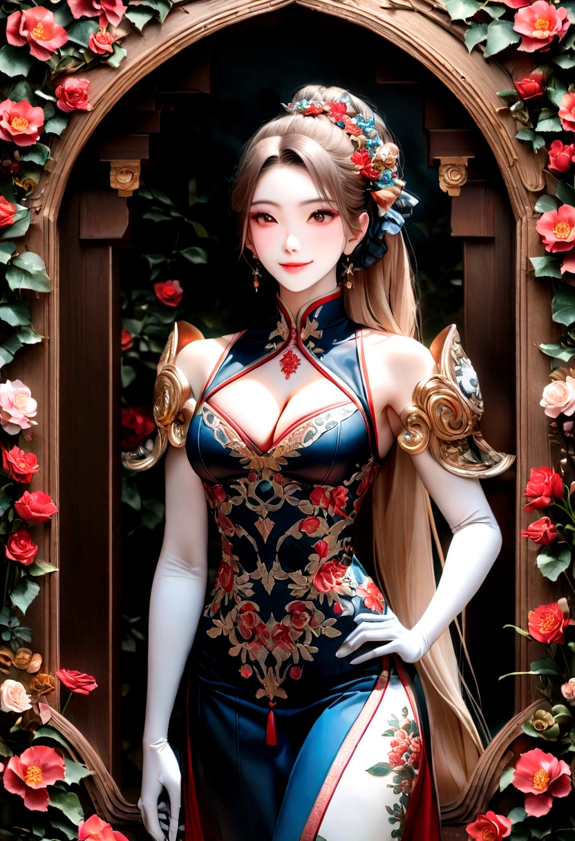 （from outside） ， many colors，best quality best，，real photo，Delicate skin detailasterpiece，photo-realistic，intricate details，RAW photographer,in the garden，smile，floral pattern，Colorful cheongsam，very long hair，cropped shoulder，delicate face，Cleavage exposed，decorations，perfect finger，anatomy is correct，glowing skin