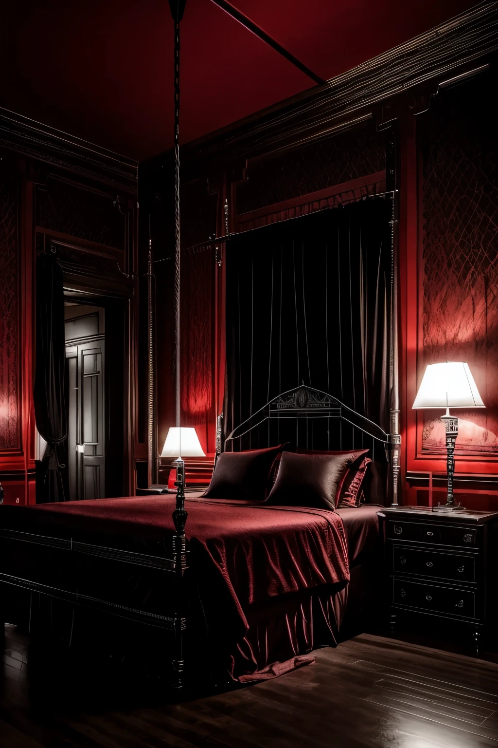 In the center of the image, a stark, empty room serves as the background, bathed in subdued red and black tones. The dominant hue is a deep crimson, punctuated by dark accents of black. Chains and shackles are strategically placed, their cold metallic sheen contrasting with the softness of the ambient light. The background is devoid of any characters or people, creating a sense of isolation and anticipation. The high-quality image, captured in 8k resolution, showcases the intricate details of the room's BDSM motifs, from the delicate lines of the shackles to the textured surfaces of the walls. The dramatic lighting casts