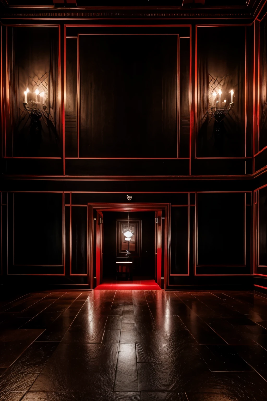 In the center of the image, a stark, empty room serves as the background, bathed in subdued red and black tones. The dominant hue is a deep crimson, punctuated by dark accents of black. Chains and shackles are strategically placed, their cold metallic sheen contrasting with the softness of the ambient light. The background is devoid of any characters or people, creating a sense of isolation and anticipation. The high-quality image, captured in 8k resolution, showcases the intricate details of the room's BDSM motifs, from the delicate lines of the shackles to the textured surfaces of the walls. The dramatic lighting casts