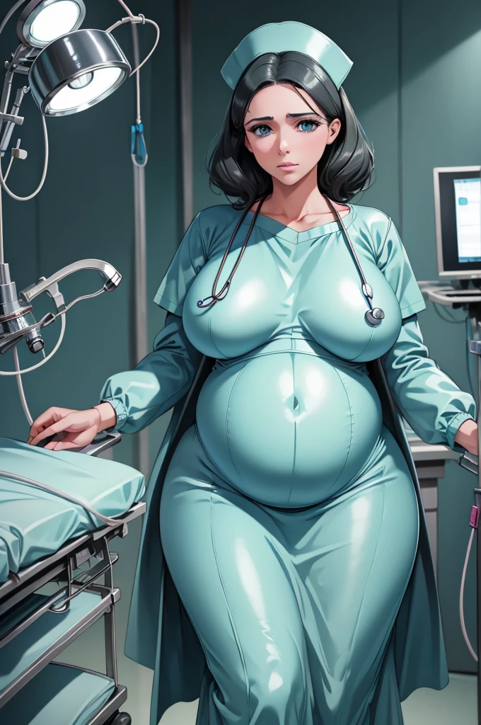 (give a score of 9_give a score of 8_give a score of 7)
masterpiece, highest quality, best quality, view from top down, see the whole body, surgical lamps shine from the ceiling,
1 women, solo, in one hospital, in the operating room, a pregnant woman, about 10 months pregnant, open her belly, her stomach was revealed, a pregnant woman has a radiant, wrinkle free stomach, she had a look of pain and suffering on her face, frown, surgical cap, lying on the operating bed, lie on your back, lying with arms spread out, spread your arms out, wide, bare stomach, the skin of the abdomen is bright, show your belly, look at her pregnant belly, the head of the navel is visible, cloth covering both legs, big breasts, nipples visible, long slender beautiful legs, don't put your hands on your stomach, she had a difficult birth, the female doctor who helped give birth told her she would have to have a caesarean section because she was having trouble giving birth, she asked the female doctor to give her a caesarean section, a scene in the operating room shows a pregnant woman suffering from a difficult birth