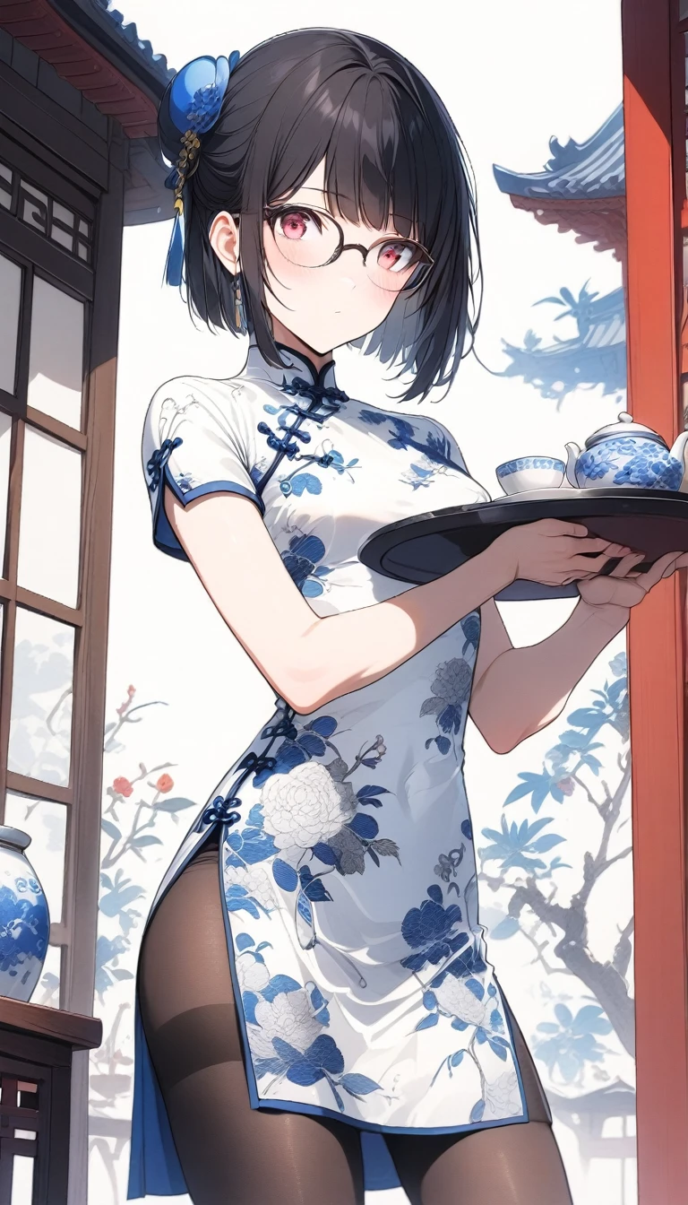 solo,1boy,black stockings, bulge,standing,holding tray,red eyes,chest,glasses,skirt up,black hair,pruplr hair,long bangs,short hair,bob cut,blue and white porcelain chinese-style clothing,blue and white porcelain Chinese dress,blue and white porcelain chinese qipao,blue and white porcelain print dress,headdress,pink apron,teahouse