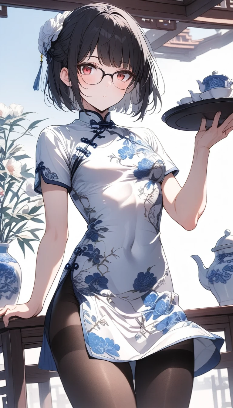 solo,1boy,black stockings, bulge,standing,holding tray,red eyes,chest,glasses,skirt up,black hair,pruplr hair,long bangs,short hair,bob cut,blue and white porcelain chinese-style clothing,blue and white porcelain Chinese dress,blue and white porcelain chinese qipao,blue and white porcelain print dress,headdress,pink apron,teahouse