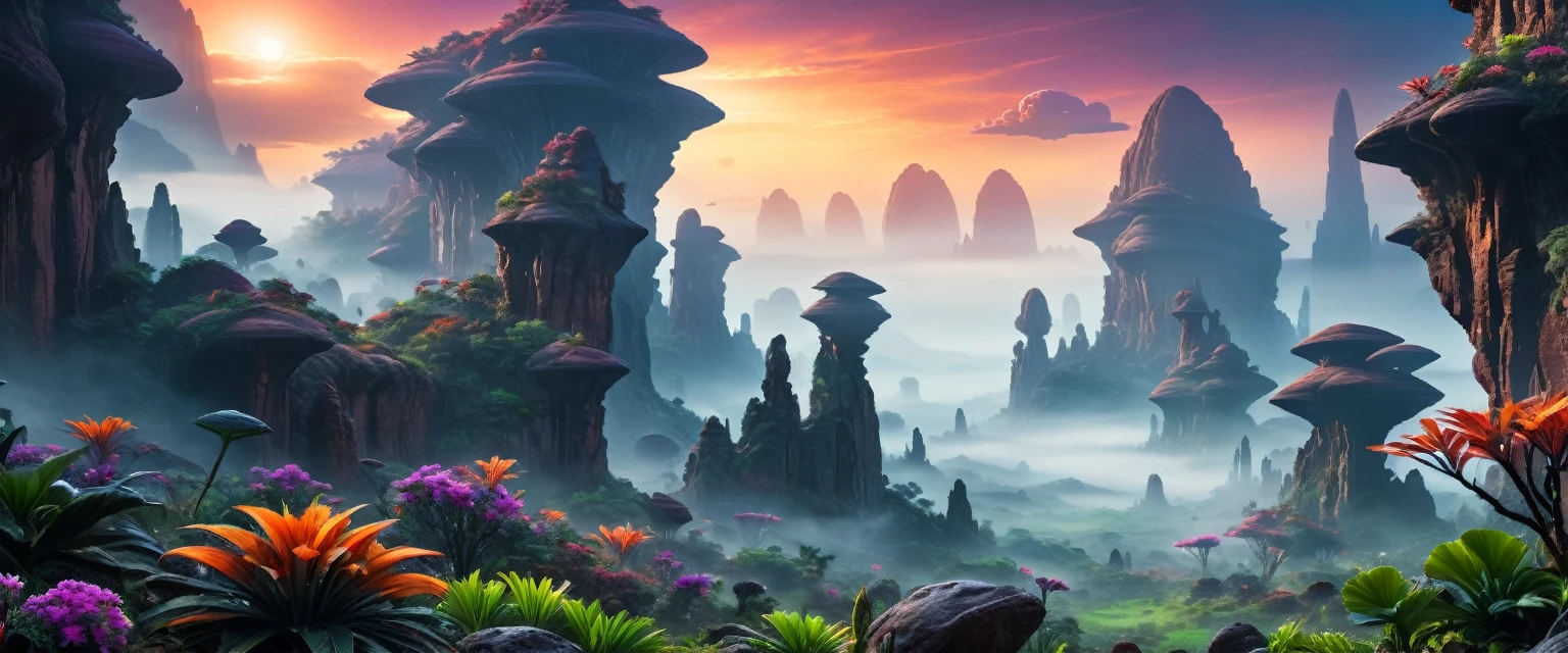 Science Fiction, Lush Alien Landscape, Vibrant flora, Mysterious rock formations, Atmospheric lighting, Misty mist, Distant skies, masterpiece|highly detailed|best quality|HD|8K|uHD|intricate details|extreme_detail