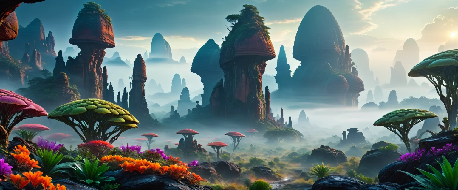 Science Fiction, Lush Alien Landscape, Vibrant flora, Mysterious rock formations, Atmospheric lighting, Misty mist, Distant skies, masterpiece|highly detailed|best quality|HD|8K|uHD|intricate details|extreme_detail