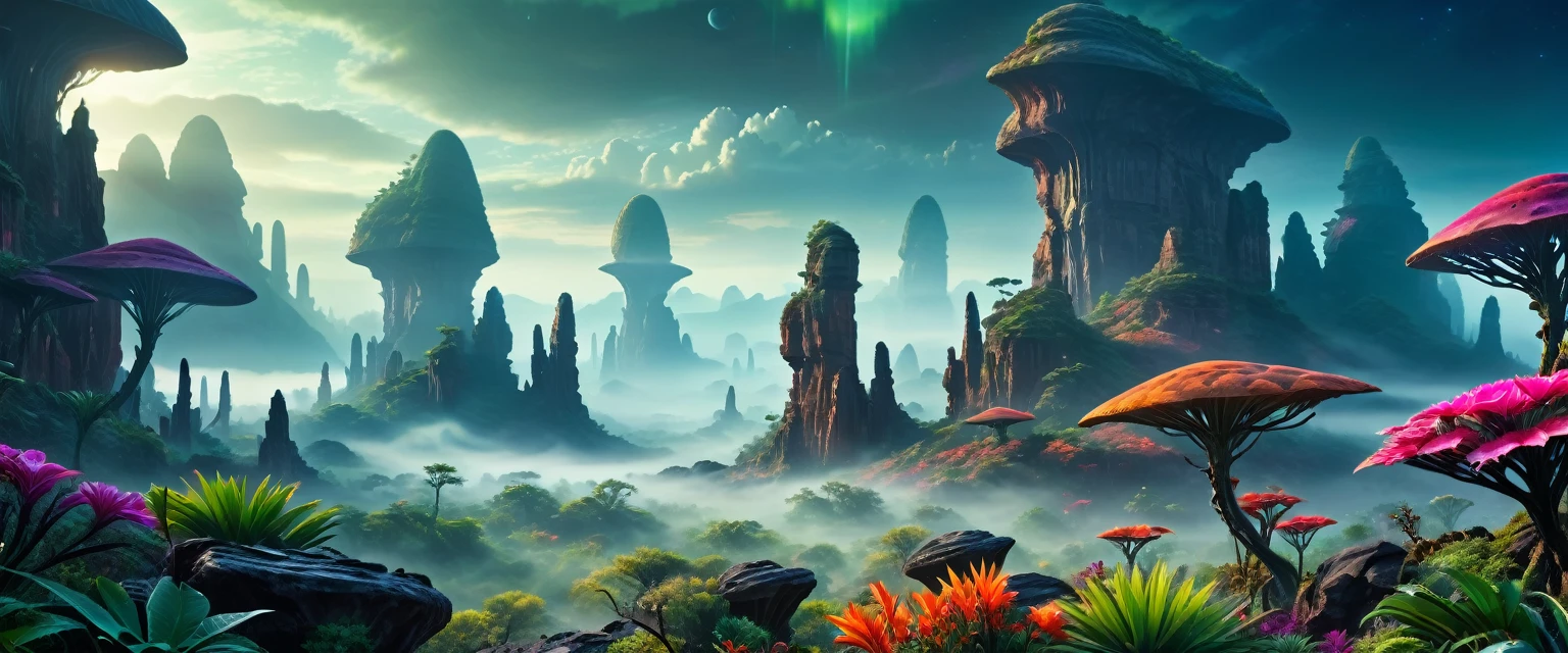 Science Fiction, Lush Alien Landscape, Vibrant flora, Mysterious rock formations, Atmospheric lighting, Misty mist, Distant skies, masterpiece|highly detailed|best quality|HD|8K|uHD|intricate details|extreme_detail