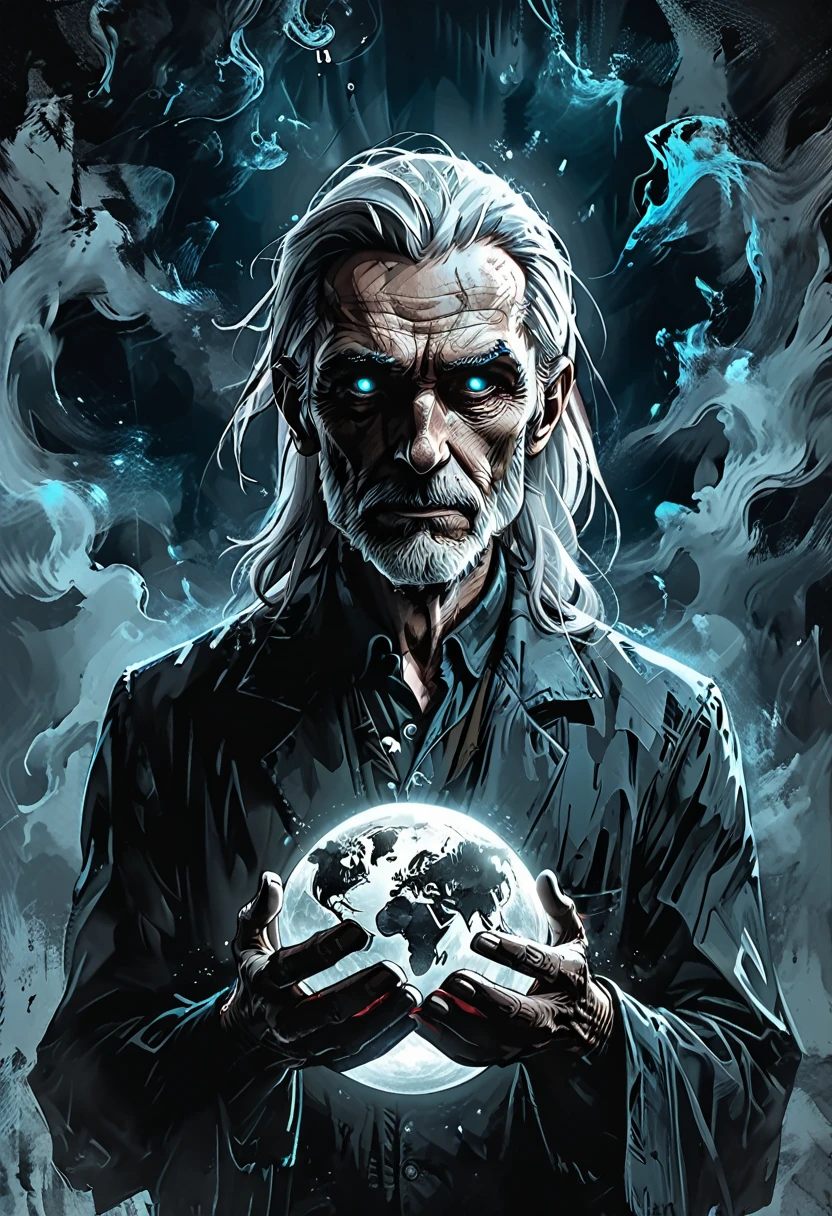 glow ball in hands,dark, dark atmosphere, deep shadow, shadow, spirit,
Elderly Man holds in his hands the planet earth, outer space, vishai, a giant grandfather between whose hands is the earth, geometric composition,, Elderly, [Nordic] anorexic , Long gray hair, Old white skin, Round glow blue eyes, Oval faces, anorexic small neck, Thin nude Lips, Bold Tapered gray Eyebrows, snub nose, Hunched Shoulders, Slim Thighs, anorexic Slim arms legs and breast, High Angled Cheekbones, Hollow Cheeks, Rounded Chin, Rounded Jawline, Attached Pointed ears, round forehead,       graphic style of novel comics, perfect hands, 2d,
8k, hyperrealism, masterpiece, high resolution, best quality, ultra-detailed, super realistic, Hyperrealistic art, high-quality, ultra high res, highest detailed, lot of details, Extremely high-resolution details, incredibly lifelike, colourful, soft cinematic light,