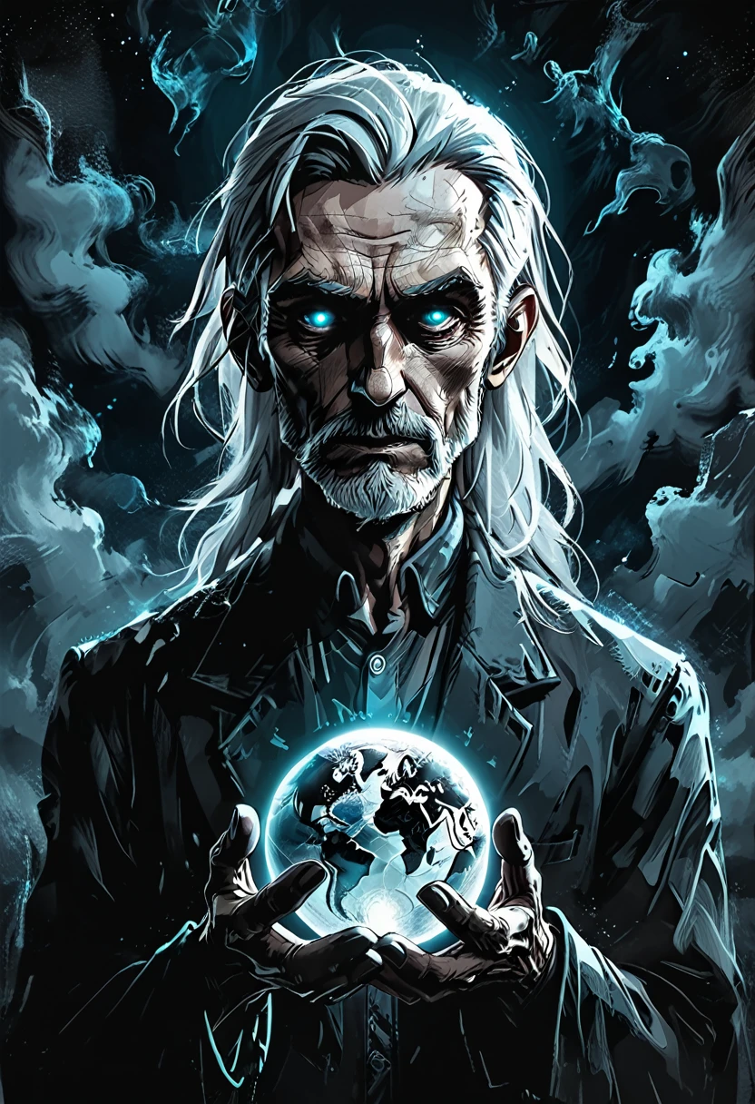 glow ball in hands,dark, dark atmosphere, deep shadow, shadow, spirit,
Elderly Man holds in his hands the planet earth, outer space, vishai, a giant grandfather between whose hands is the earth, geometric composition,, Elderly, [Nordic] anorexic , Long gray hair, Old white skin, Round glow blue eyes, Oval faces, anorexic small neck, Thin nude Lips, Bold Tapered gray Eyebrows, snub nose, Hunched Shoulders, Slim Thighs, anorexic Slim arms legs and breast, High Angled Cheekbones, Hollow Cheeks, Rounded Chin, Rounded Jawline, Attached Pointed ears, round forehead,       graphic style of novel comics, perfect hands, 2d,
8k, hyperrealism, masterpiece, high resolution, best quality, ultra-detailed, super realistic, Hyperrealistic art, high-quality, ultra high res, highest detailed, lot of details, Extremely high-resolution details, incredibly lifelike, colourful, soft cinematic light,