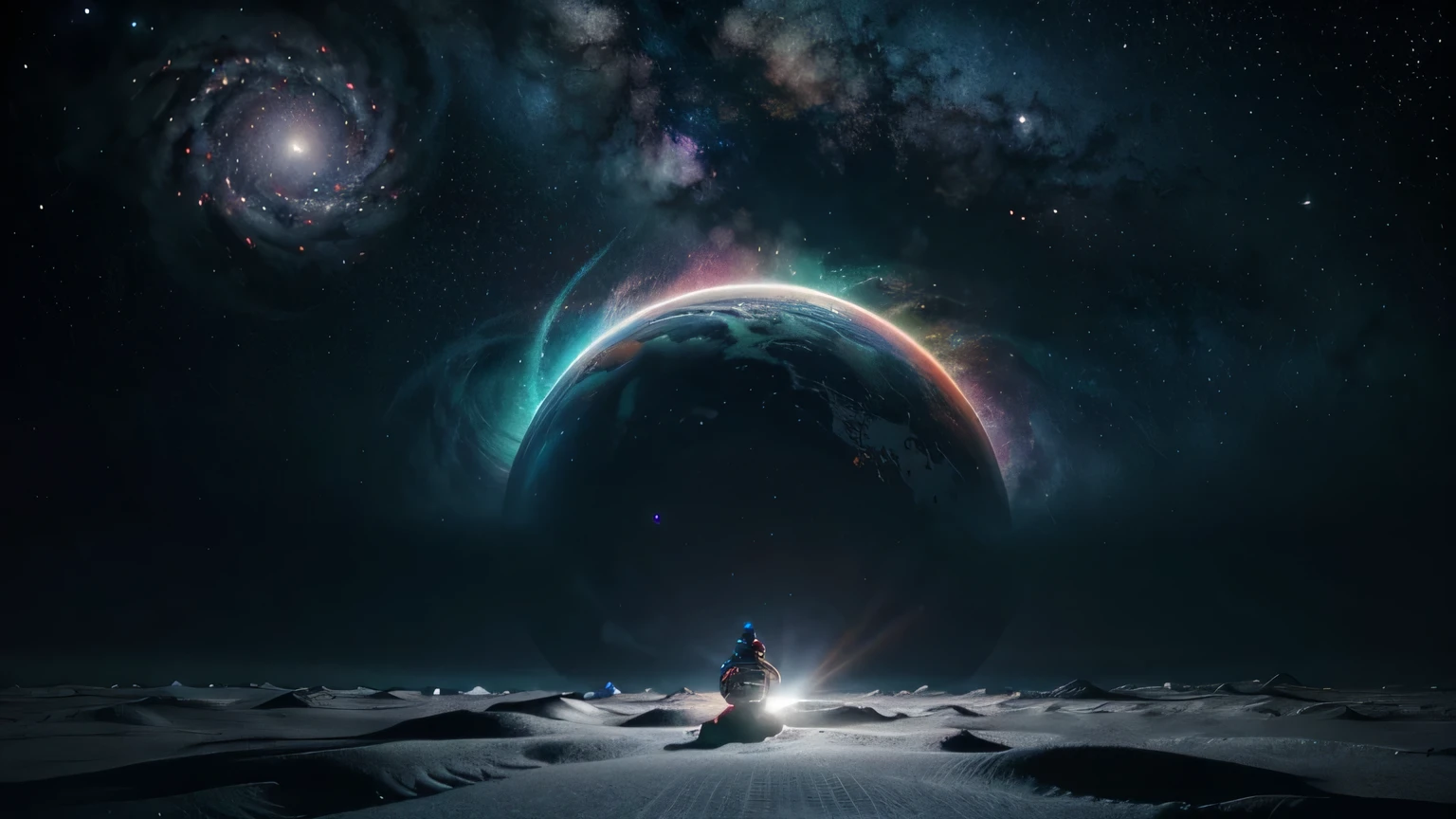 Create an image, which will depict a surreal space, covered with a complex and vibrant cosmic pattern. The pattern should include vortex galaxies, bright nebulae and shining stars against the backdrop of deep space. The general atmosphere should evoke a feeling of an endless universe, combination of cycling and artificial intelligence, meeting modern technologies in harmonious combination. high quality, hyperrealism, 8 k