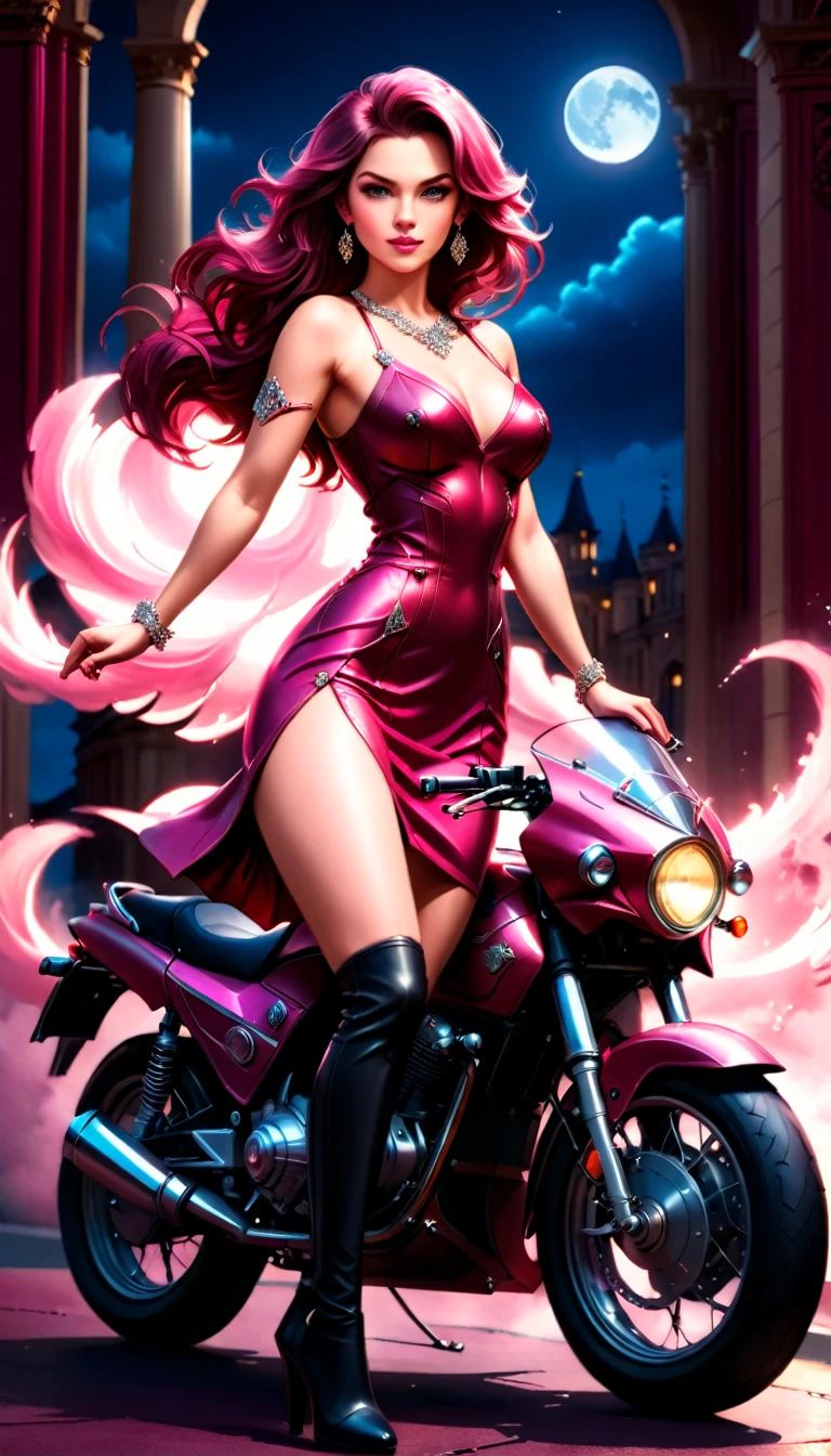 an intricate picture of an exquisite woman standing near her legendary vintage (pink motorcycle: 1.3), a glam beautiful, woman, medium hair cut, dynamic color hair, intense gaze, elegant intricate dress, (burgundy red dress: 1.3), standing near her epic vintage (pink motorcycle: 1.3), it is night time, moon light, some clouds, there is an entrance to torch lit entrance to a palace in the background, ral-embroideredpatch, best details, best quality, 16k, [ultra detailed], masterpiece, best quality, (extremely detailed), dynamic angle, full body shot, drkfntasy