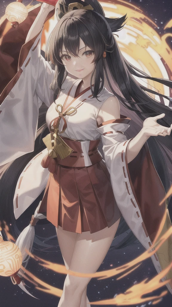 The image shows an illustrated character, likely from an anime or manga. The character has long dark hair and is wearing a traditional shrine maiden (miko) outfit, consisting of a white top (haori) with red accents and a red skirt (hakama). The character is holding what appears to be a bow without the string, and there are white ribbon-like effects surrounding the character, suggesting movement or a magical element. The face of the character has been pixelated to obscure it. The character has no accessories. Please create the new illustration in a soft, pencil-drawn style based on this description. With a smile on your face