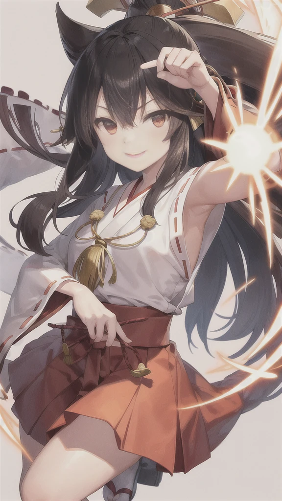 The image shows an illustrated character, likely from an anime or manga. The character has long dark hair and is wearing a traditional shrine maiden (miko) outfit, consisting of a white top (haori) with red accents and a red skirt (hakama). The character is holding what appears to be a bow without the string, and there are white ribbon-like effects surrounding the character, suggesting movement or a magical element. The face of the character has been pixelated to obscure it. The character has no accessories. Please create the new illustration in a soft, pencil-drawn style based on this description. With a smile on your face