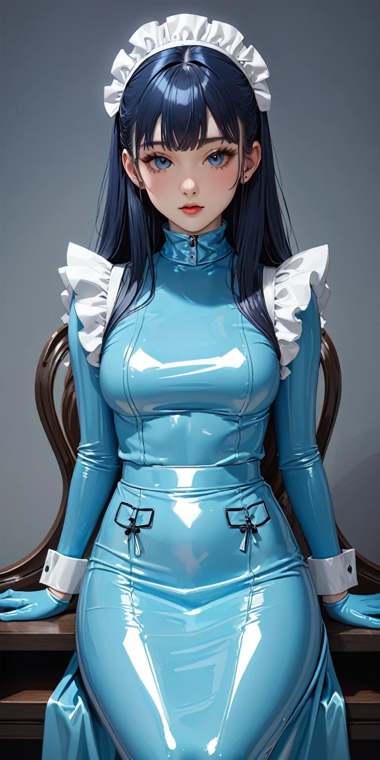 Portraiture、(masterpiece,Highest quality,Ultra-high resolution),Japanese women, (((Very beautiful 25 year old girl))),(Pale blue latex maid outfit)、(Pale blue latex long skirt)、(A long-sleeved latex shirt that covers the upper body)、Light blue latex gloves、Light blue latex socks、Pale blue latex bodysuit、Frills、The clothes fit snugly to the body、Latex is very shiny、Dark Room、