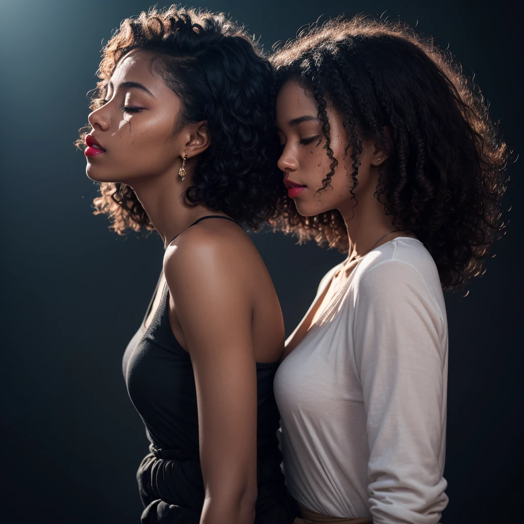 one beautiful girl, ebony skin, light African skin, curly hair, red lips, in profile to the camera, eyes closed, face dirty with dust and blood, away from the camera, showing from the waist up, blue light reflecting on their face from the side, black background, realistic, work of art