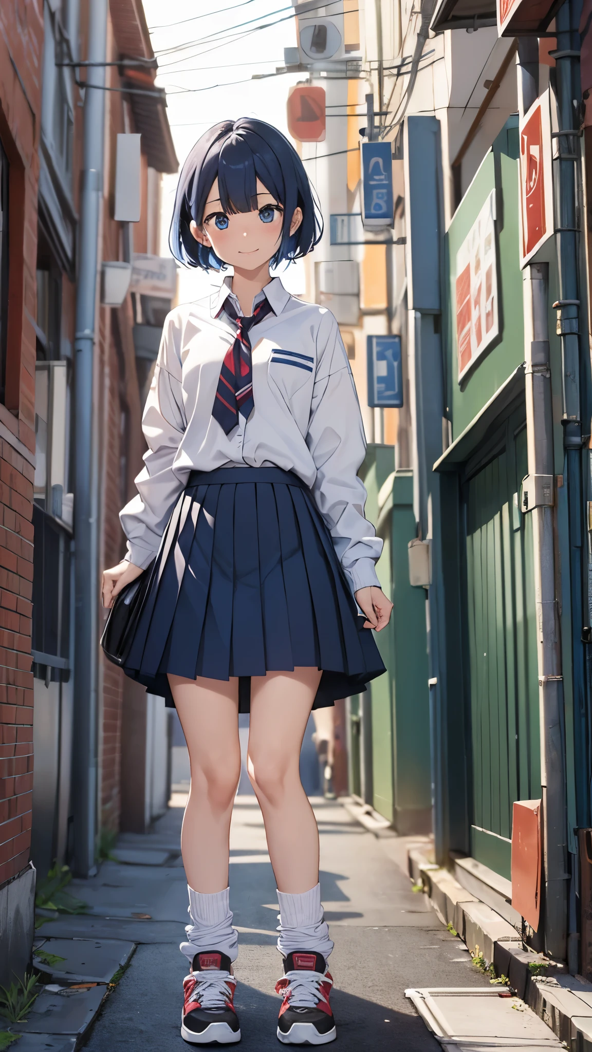 One 17 years old girl,short hair,blue hair mixed colored red hair,((seller suits,dark blue collar,white shirts,long sleeve,school,dark blue skirt,black skirt),rage,laugh,grin,slender body,socks,sneakers.