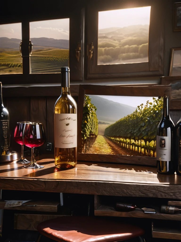 a masterpiece vintage still life, wine bottles, vineyards in background, detailed glassware, dramatic chiaroscuro lighting, rich moody colors, cinematic composition, photorealistic, 8k, (best quality,4k,8k,highres,masterpiece:1.2),ultra-detailed,(realistic,photorealistic,photo-realistic:1.37),HDR,UHD,studio lighting,ultra-fine painting,sharp focus,physically-based rendering,extreme detail description,professional,vivid colors,bokeh