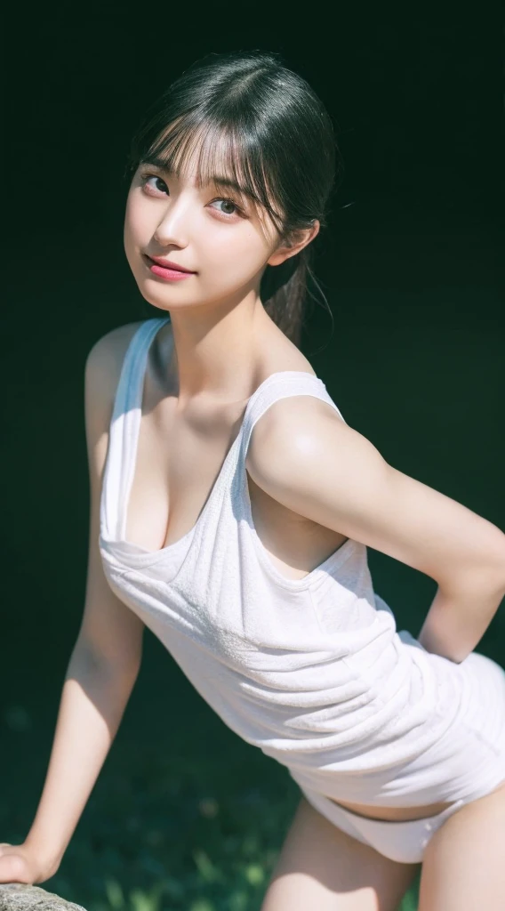 Innocent 20 year old girl、((White tank top, Dramatic poses)),Smile,short-cut,Natural park、Raw photo, (8K、top-quality、​masterpiece:1.2)、(intricate detailes:1.4)、(Photorealsitic:1.4)、octane renderings、Complex 3D rendering ultra detail, Studio Soft Light, Rim Lights, vibrant detail, super detailing, realistic skin textures, Detail Face, Beautiful detail eyes, Very detailed CG Unity 16k wallpaper, make - up, (detailedbackground:1.2), shinny skin, Full body、cleavage of the breast,((Standing with hands folded behind your back、Leaning forward、Angle from above))