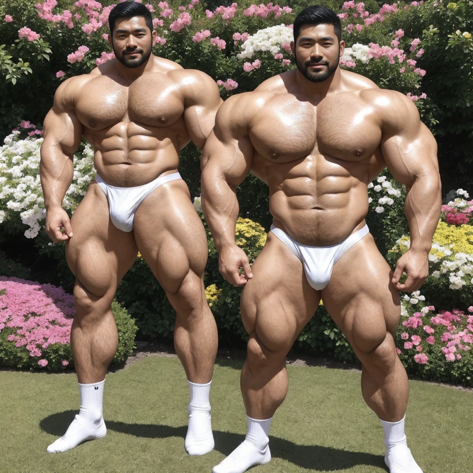 There is only one handsome Asian actor in the photo,35 years old,High target, Fitness,short hair, O-Shaped Beard,Perfect body, Dark skin color,Radiant Skin,Smooth skin,Shiny, shiny skin,Smooth pectoral muscles,No chest hair,No body hair,Muscle bulge, muscular, Very large pectoral muscles,Very sexy abdominal muscles,Very well-developed leg muscles,Huge concave and convex area,Brightens oily skin,Wearing a white leather shiny thong,Handsome face, Correct and accurate male body proportions, Wear white socks,Put your hands behind your back,Stand among the flowers,Flowers bloom all around。