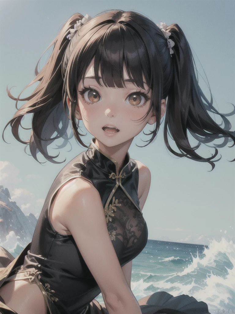 NICE,unparalleled beautiful girl,tteens detailed cute shot, pretty cool and beautiful cute face,super detailed NICE cute face, nice body, beautiful teeth, girl,whole body,(Detailed face:1.2), masterpiece, fashion,China dress,, Medium Hair, Black Hair, Twin tails, Blunt bangs, Brown eyes,
