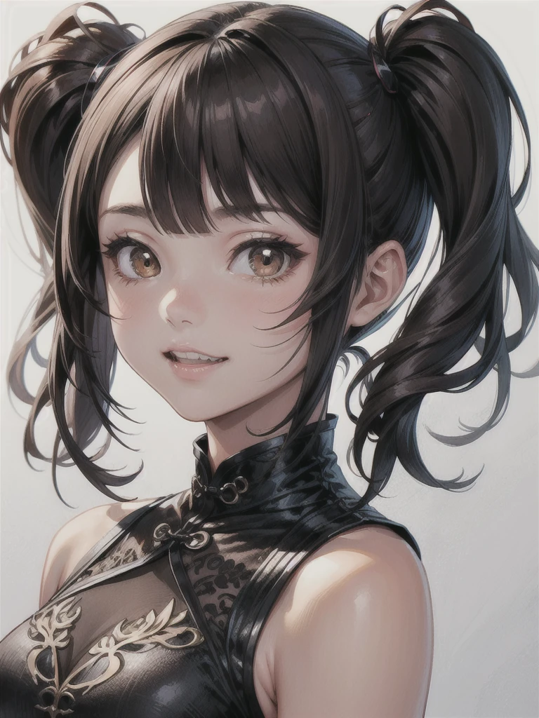 NICE,unparalleled beautiful girl,tteens detailed cute shot, pretty cool and beautiful cute face,super detailed NICE cute face, nice body, beautiful teeth, girl,whole body,(Detailed face:1.2), masterpiece, fashion,China dress,, Medium Hair, Black Hair, Twin tails, Blunt bangs, Brown eyes,
