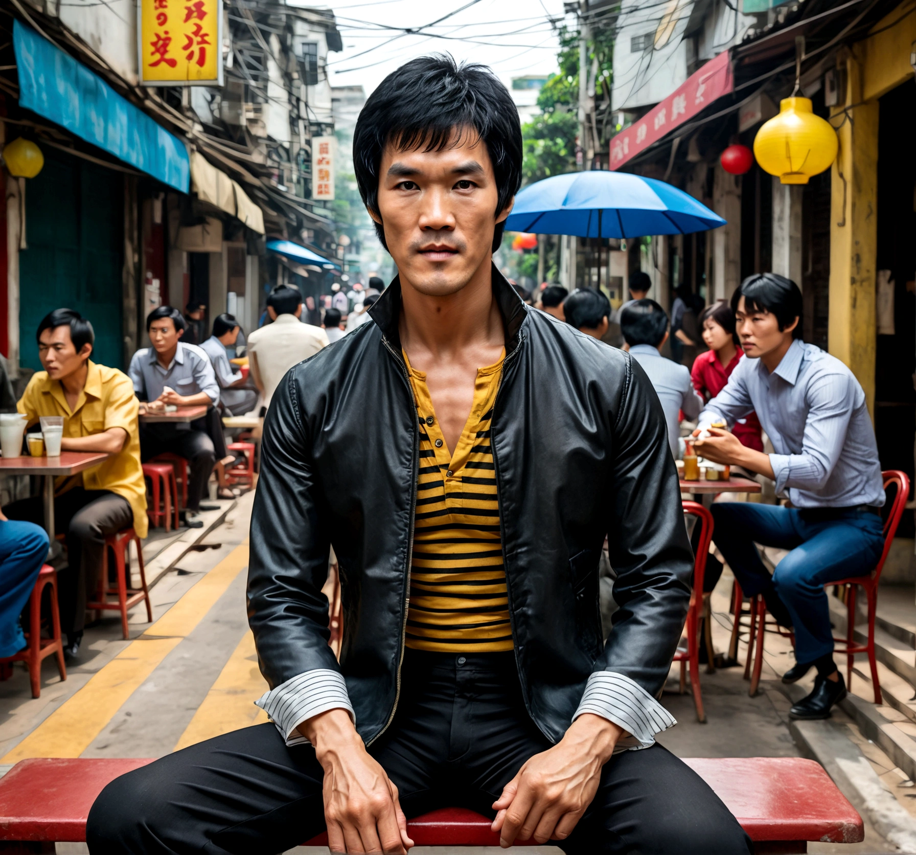Bruce Lee in dark jacket with striped shirt underneath, Sitting at a sidewalk cafe in bustling Saigon town in Vietnam, movie poster style, cinematic, high resolution, hyper realistic, detailed skin texture, full body shot, looking at camera, japanese background, award winning photo, Canon dslr