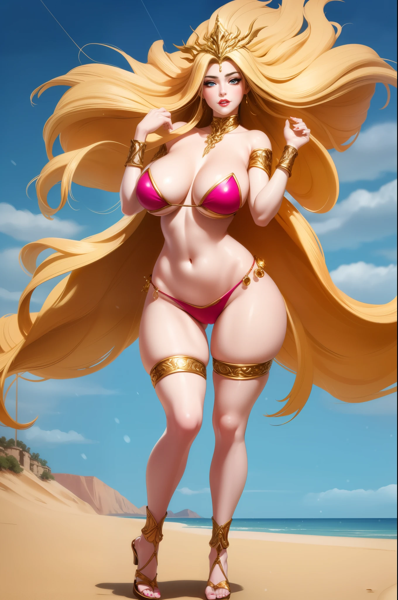 An extremely beautiful stunning voluptuous woman, with gold blonde long silky hair, big blue eyes, extremely super bright snow white fair stunning flawless glowing lush shiny white complexion, flawless skin, a perfect tight hourglass figure, and a skinny waist, sexy thick smooth luscious legs and thighs, wearing a short sexy tight revealing purple bikini, yellow heels, gold necklace on the neck, gold anklets on feet, gold chain on the waist, standing straight, extremely cute smile on the face, bright pink blushes on cheeks, beach in the background, show full body from head to feet.