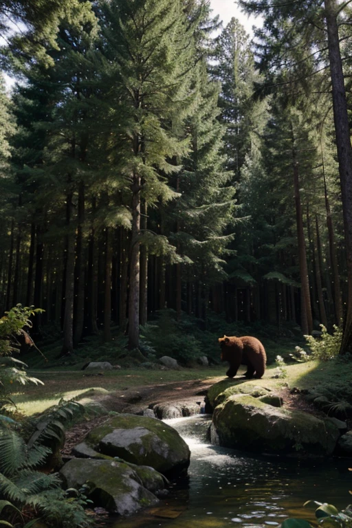 emerald forest and a bear at the edge
