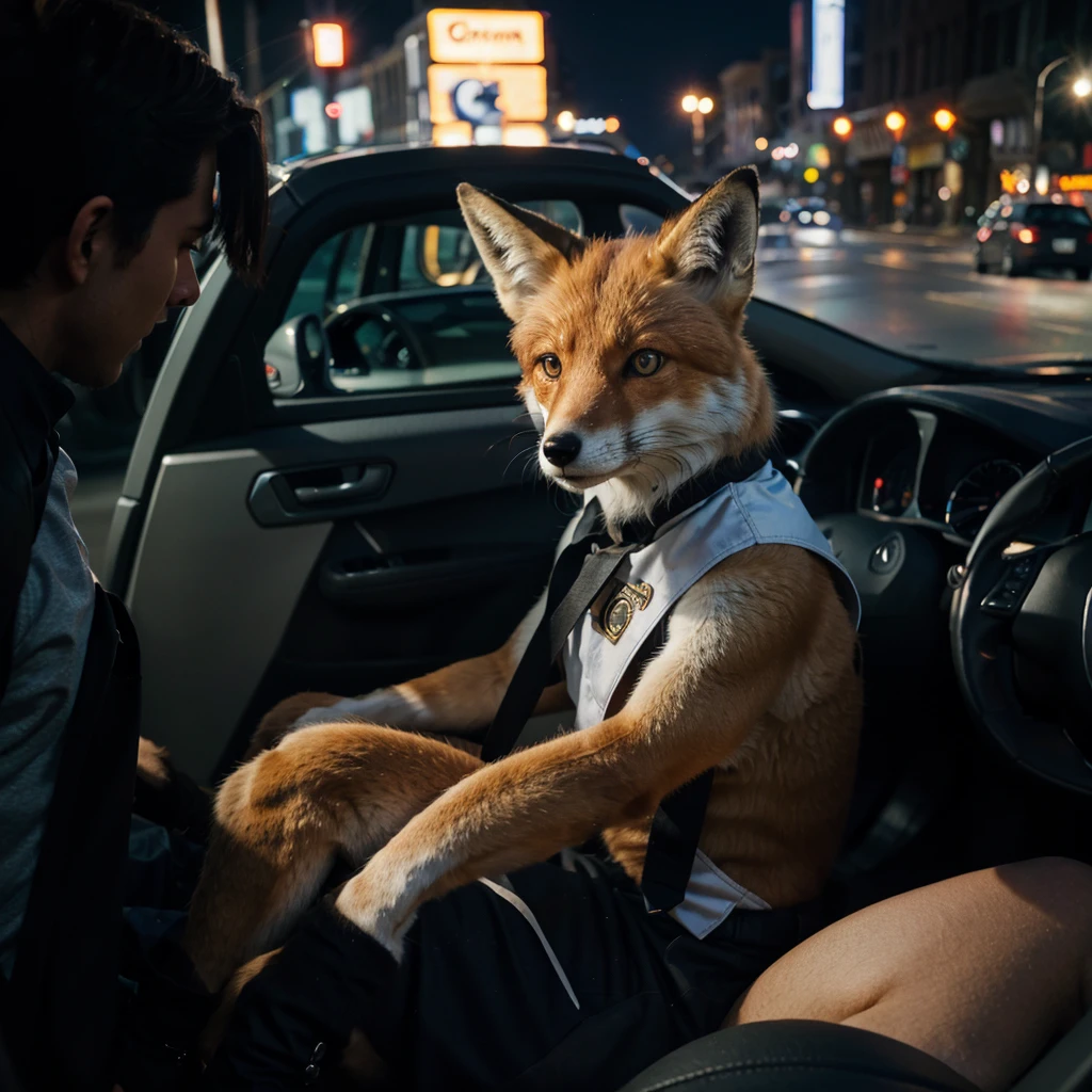 fox, in human clothing, who drives through the city at night