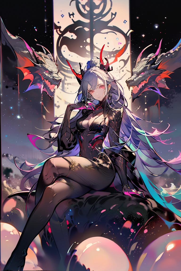 Anime style girl, dragon horns, long blue hair, red inner color, yellow and red odd eyes, large breasts, short stature, scaled body, sitting on a throne