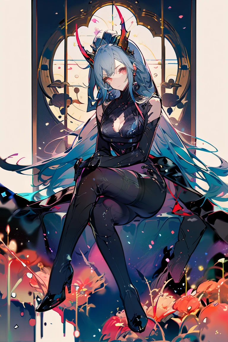 Anime style girl, dragon horns, long blue hair, red inner color, yellow and red odd eyes, large breasts, short stature, scaled body, sitting on a throne