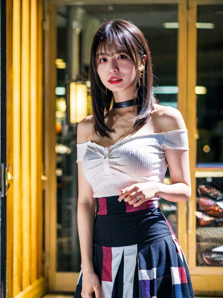 best quality, ultra high res, (photorealistic:1.4), 1girl, off-shoulder white shirt, black tight skirt, black choker, (faded ash gray hair:1), looking at viewer, Cleavage、tits