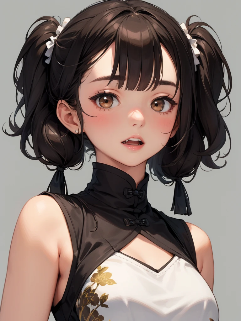 A girly girl, two buns, bangs, black hair, timid, shy, black eyes