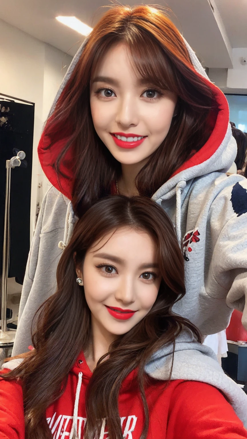 1 female，((Large Breasts:1.2)),Messy Hair, Red Hair, replace, Rock star hairstyles and outfits, Glam Rock Makeup, smile, Bright red lipstick, indoor, Bright red zipless hoodie, cropped hoodie, Big Breasts, bikini, Bright colors, Vibrant colors, Bright Blue Eyes, jewelry

