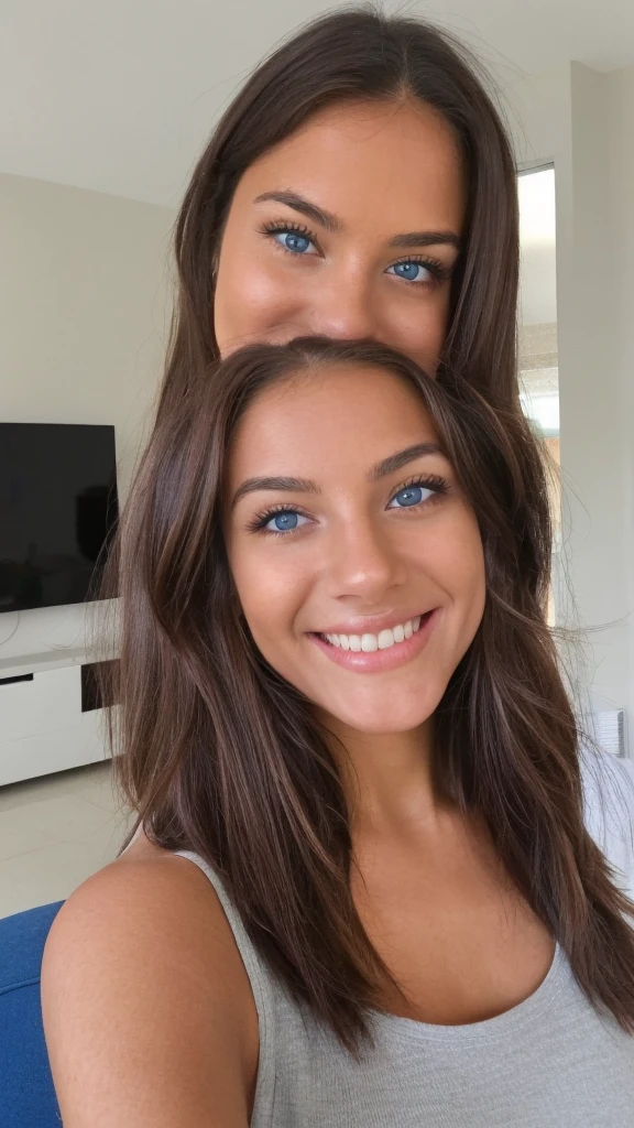 
Self photo of a charming young woman, medium shiny brown-brown hair, full round face, blue eyes, medium skin tone, light, smiling gently, wearing a red  casul set, stading on living room, kiss for you , face up shot, popular on Instagram, Pinterest