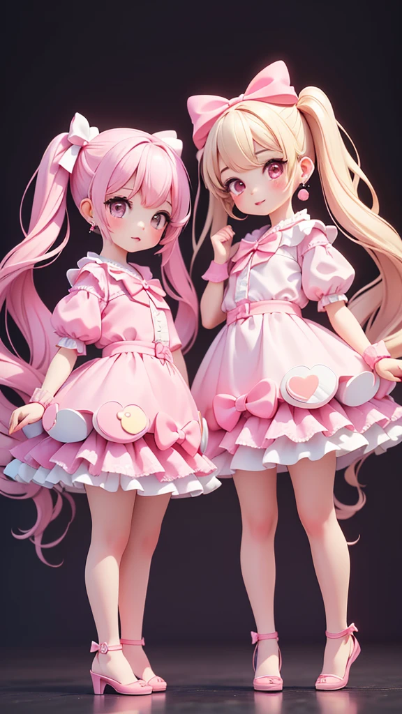 ((2girls)), (petite kawaii, bishojo), (kawaii face), (puffy eyes), (masterpiece), ((top qualite)), (hyper detailed), ((high resolution)), (exquisite), (depth), ((beautiful and aesthetic)), (full body), (pink cheek), (bare foot), (big bow in hair), ((pink lips)),(twintails), (earring), ((take a kawaii pose))