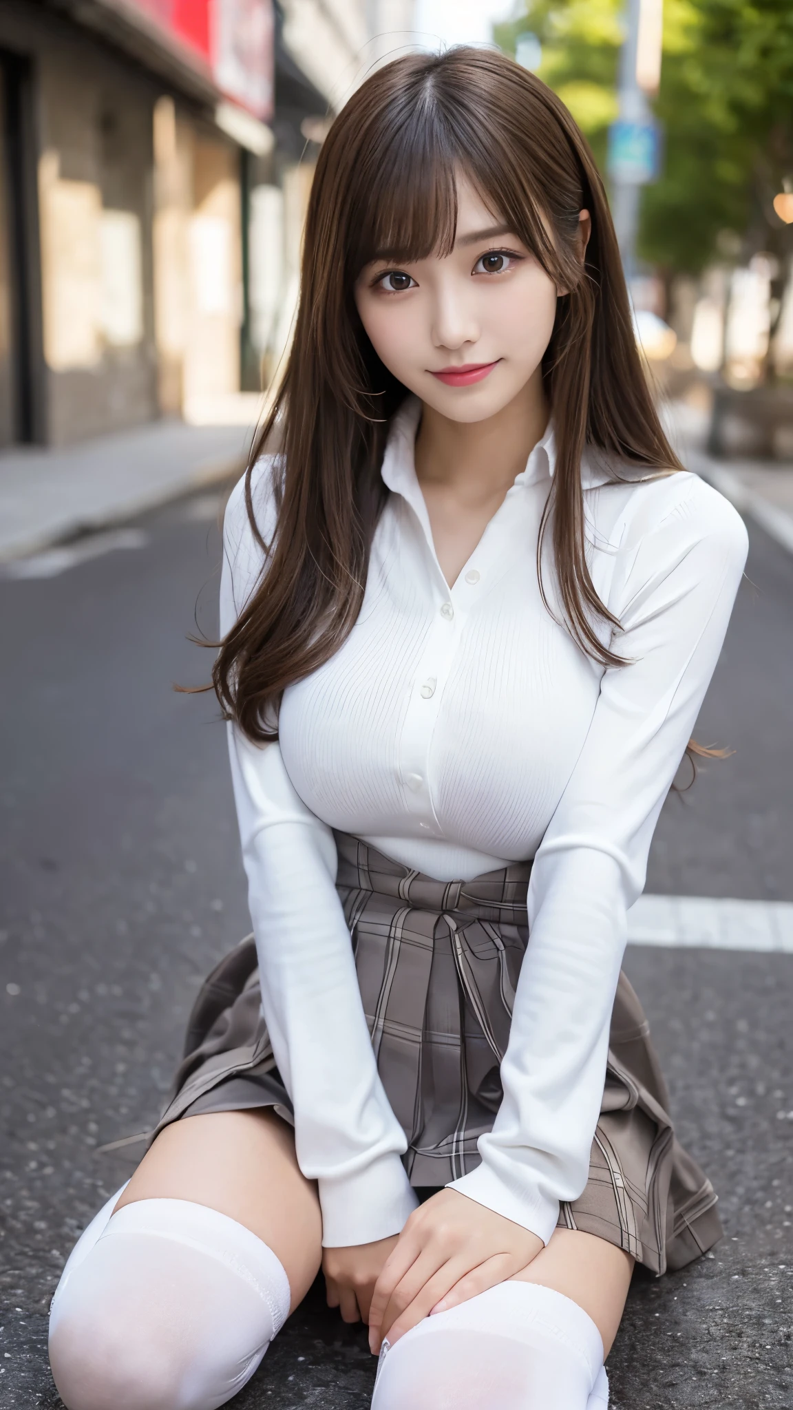 (Detailed skin:1.2),(Shiny skin:1.1),8K,Highest quality, masterpiece, Ultra-high resolution,(Realistic:1.4), RAW Photos,(Soft saturation:1.3),(Fair skin:1.2),Japanese Idols,repair,20 years, Light brown hair, （Long Hairstyles:1.2), Asymmetrical Hair, Asymmetrical bangs (Pretty face:1.4), (Large Breasts, Tight waist), Beautiful lighting, Small Head, (Student Uniform:1.2,),((White knee-high socks:1.2)),Highly detailed face, Highly detailed lips, fine grain, double eyelid,（Full Body Shot:1.2）, Browsing Caution, （Sharp focus: 1.2）, （Perfect ???????、Beautiful woman with perfect figure: 1.2）、Exposing cleavage、Model-like pose，Accentuate your leg lines、Smiling
